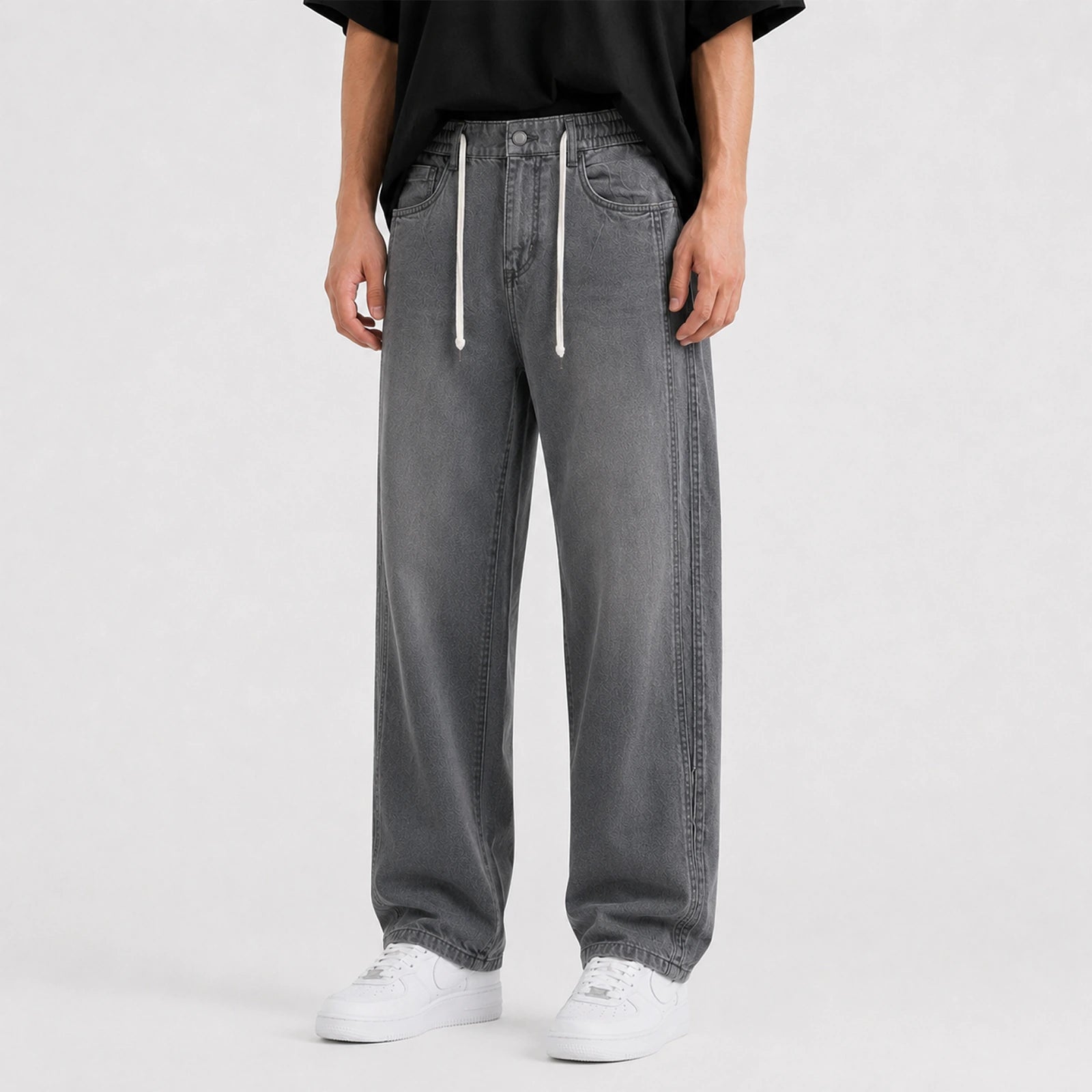 Loose Fit Drawstring Jeans T114 - Grey