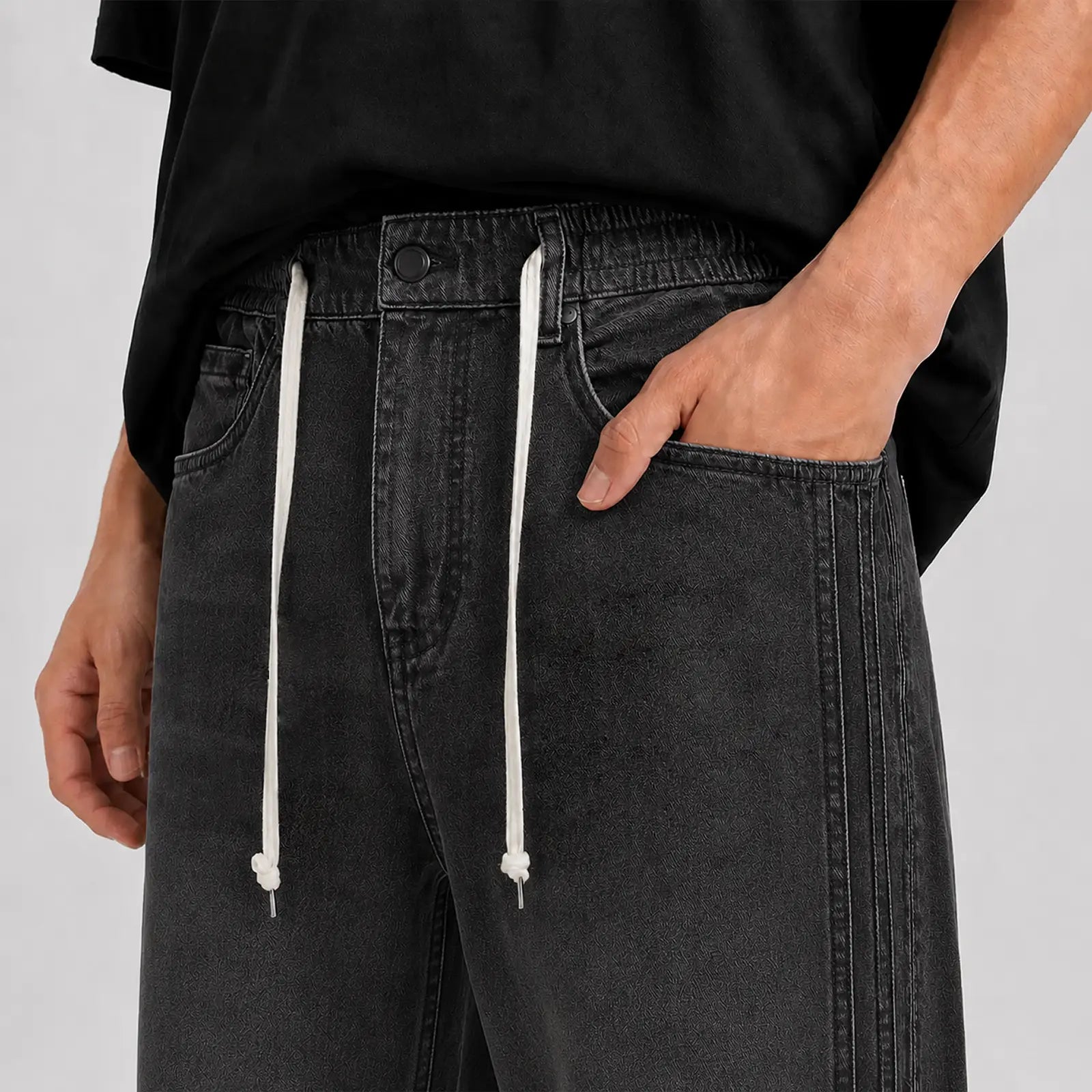 Loose Fit Drawstring Jeans T117 - Charcoal