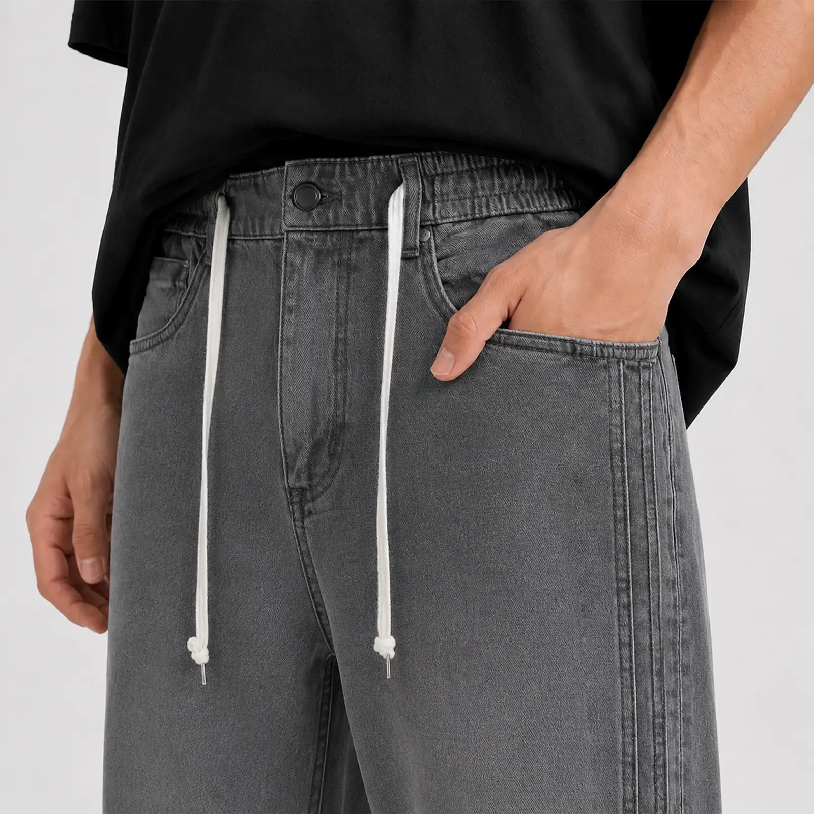 Loose Fit Drawstring Jeans T114 - Grey