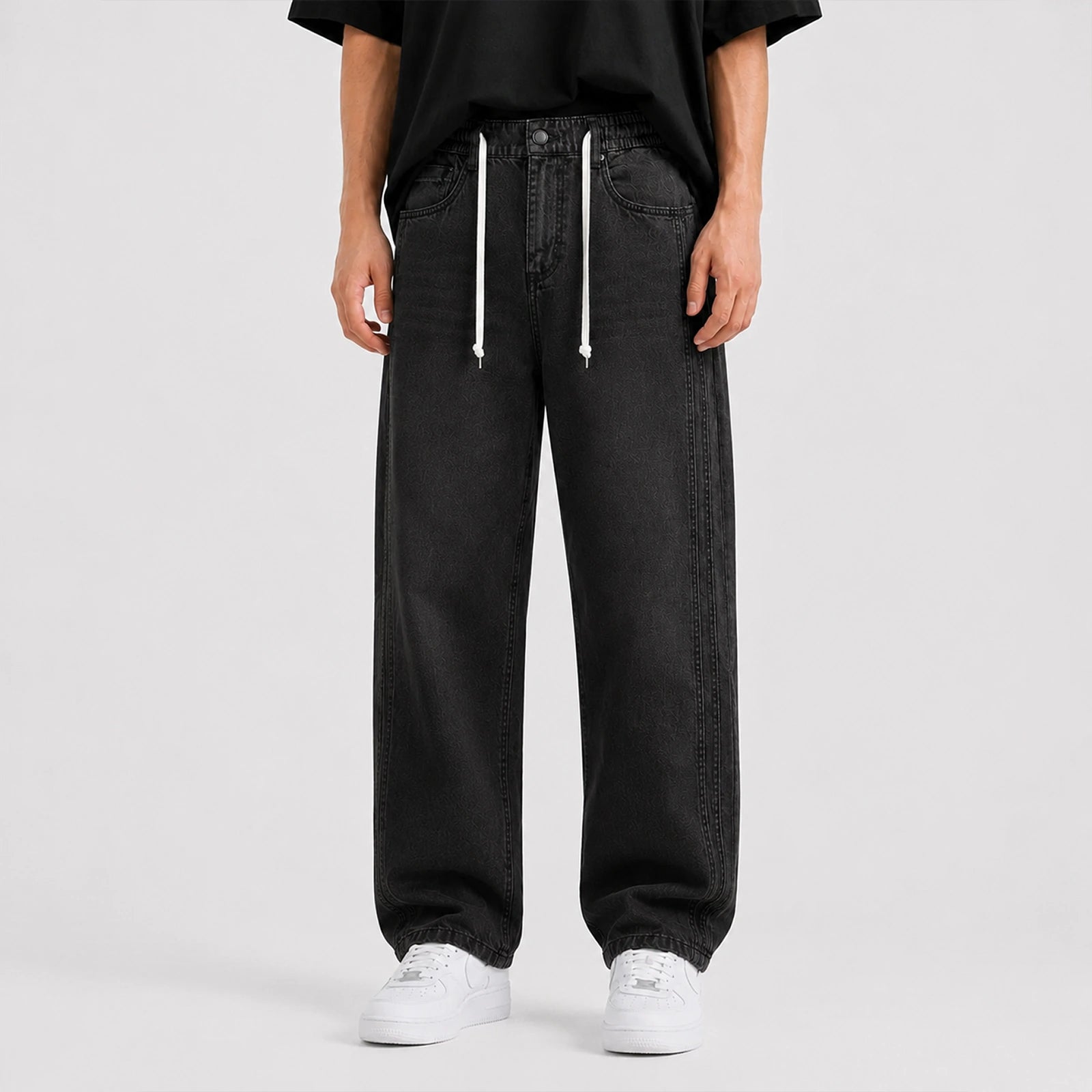 Loose Fit Drawstring Jeans T115 - Black