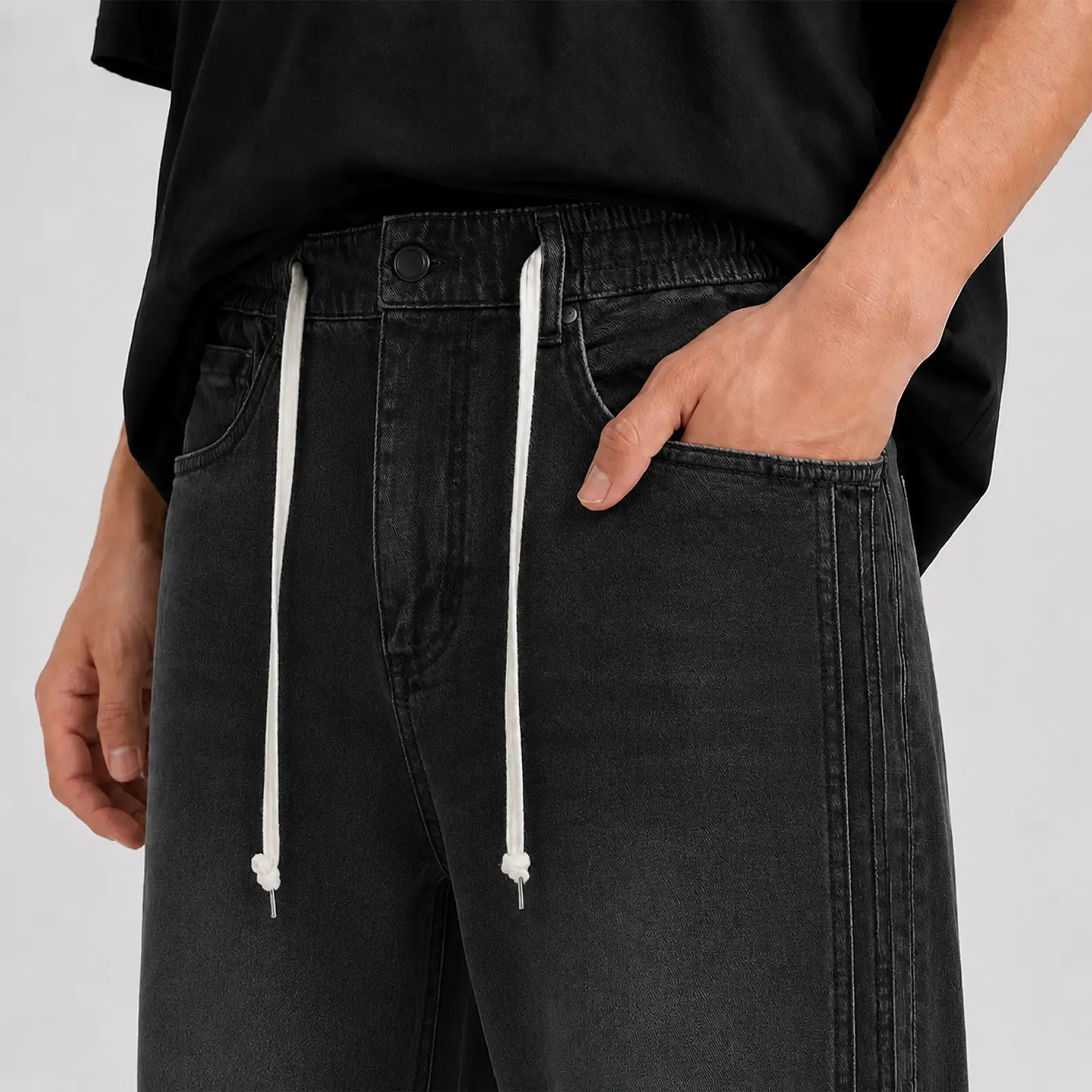 Loose Fit Drawstring Jeans T115 - Black