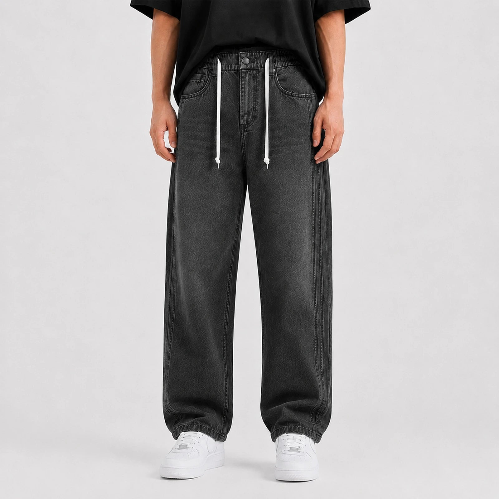 Loose Fit Drawstring Jeans T117 - Charcoal