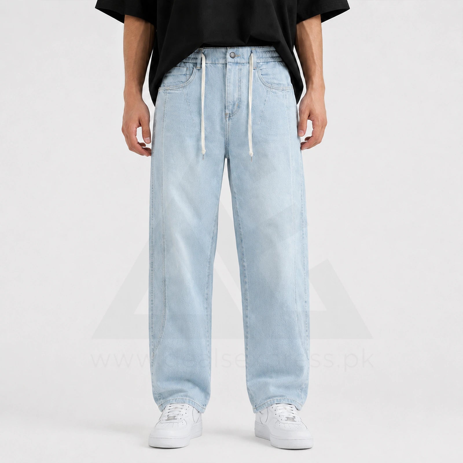 Loose Fit Drawstring Jeans T118 - Ice Blue
