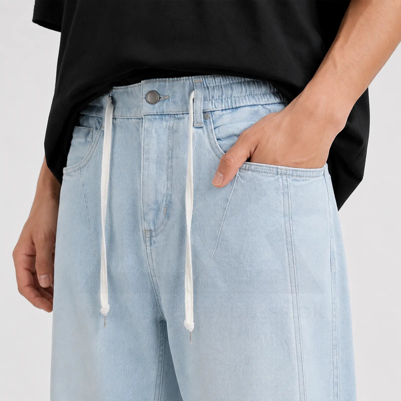 Loose Fit Drawstring Jeans T118 - Ice Blue
