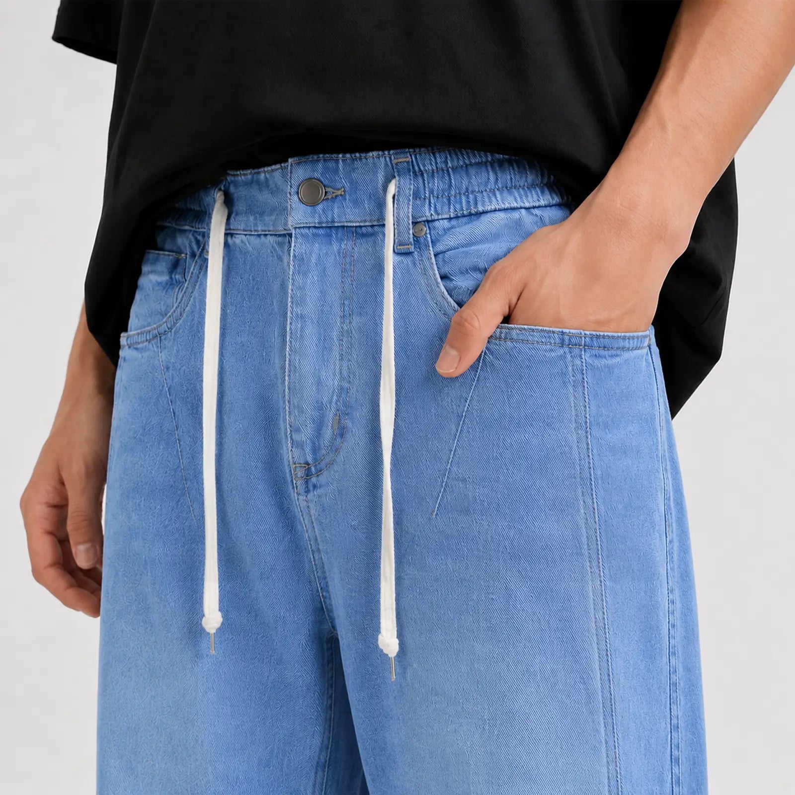 Loose Fit Drawstring Jeans T119 - Mid Blue